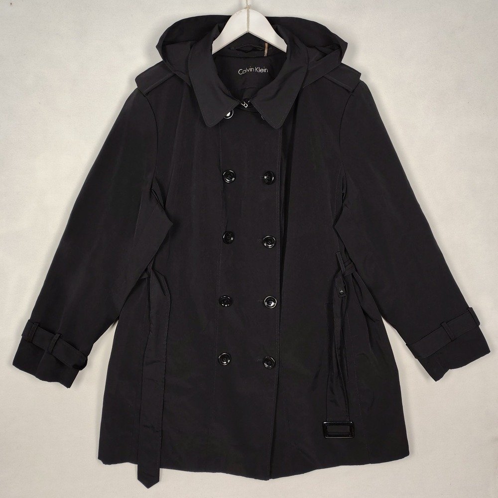 Calvin Klein Womens Black Hooded Double Breasted Trench Coat Jacket Belted